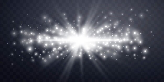 Silberne horizontale Linsenflare Leichter Blitz mit Strahlen oder Scheinwerfern und Bokeh Silberne Glühlicht-Effekt