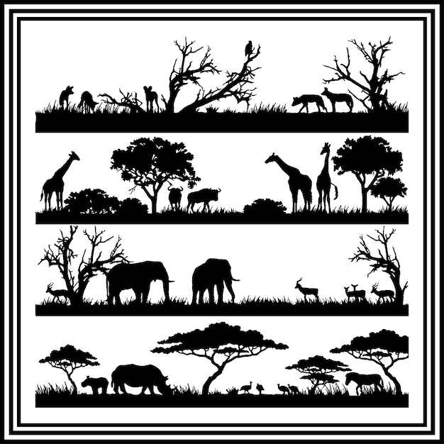 Silhouette afrikanischer wilder Tiere, Set Safari-Landschaft, Silhouette