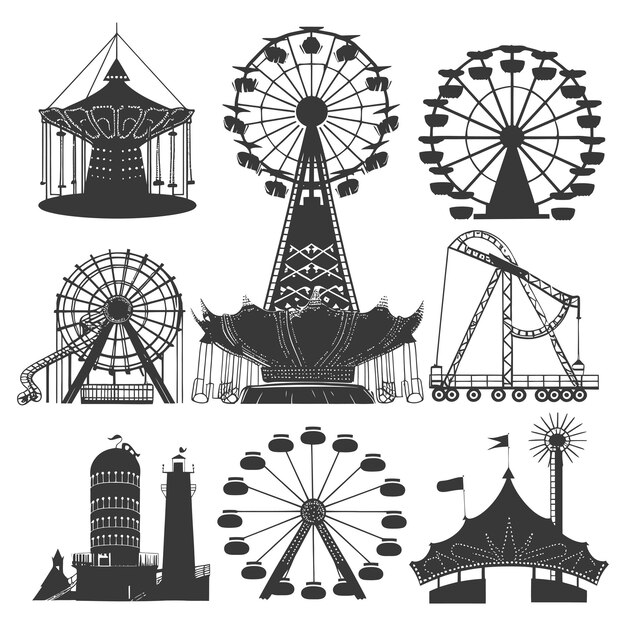 Silhouette Amusement Park Rides Collection Set nur in schwarzer Farbe