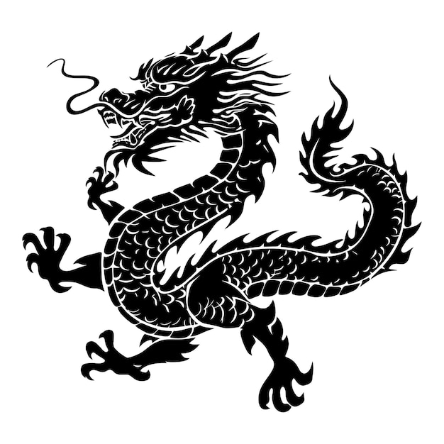 Vektor silhouette asiatischer drache voller körper nur schwarze farbe