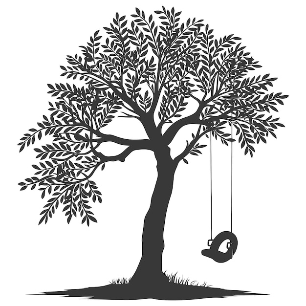 Vektor silhouette baum mit einem reifen swing nur schwarze farbe