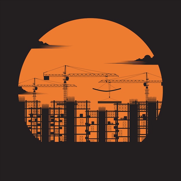 Silhouette der konstruktion. bauen unter baustelle, baukonzept, stadthäuser, kran, stahlbetonblöcke, industrie, sonnenuntergangshintergrund