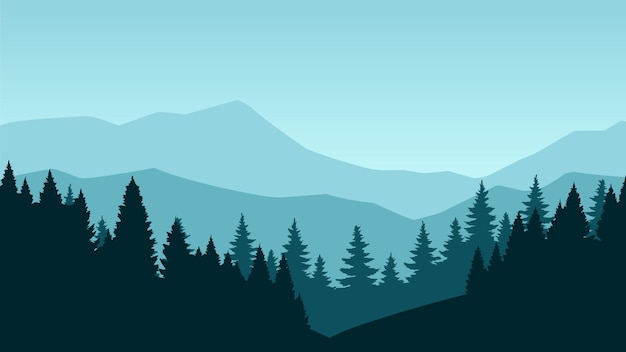 Silhouette der Naturlandschaft Bergwald im Hintergrund Blau-grüne Illustration
