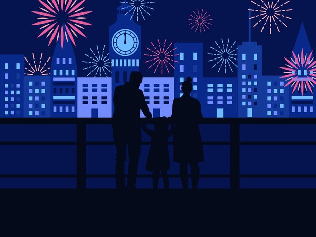 Silhouette der Neujahrsfeier, bei der die Familie zusammen am Fluss Feuerwerk beobachtet