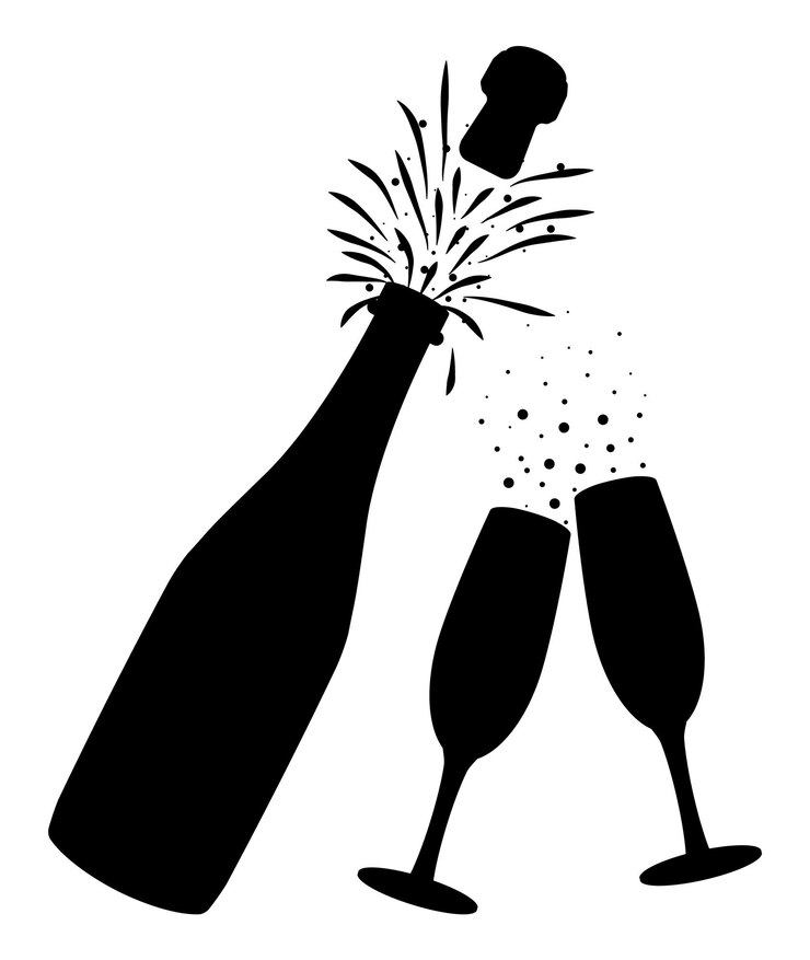 Silhouette der Öffnung einer Champagnerflasche mit fliegendem Pop-Korken. Champagner-Explosionsflasche Pop Fizz. Konzept der Trinkparty, Geburtstag, Hochzeit, Weihnachten, Neujahr, Feier. Vektorillustration
