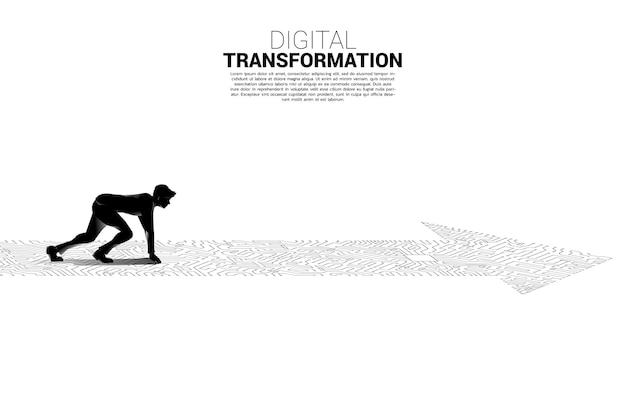 Silhouette des geschäftsmannes in betriebsbereiter position auf dem pfeilpunkt verbinden den leiterplattenstil. banner der digitalen transformation des geschäfts.