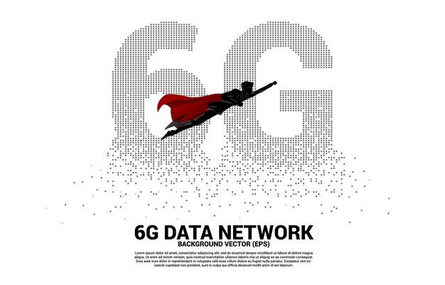 Silhouette des mannes im superheldenanzug, der mit 6g-mobilfunknetzen von kleinen quadratischen pixeln fliegt. konzept für mobile sim-kartentechnologie und netzwerk.