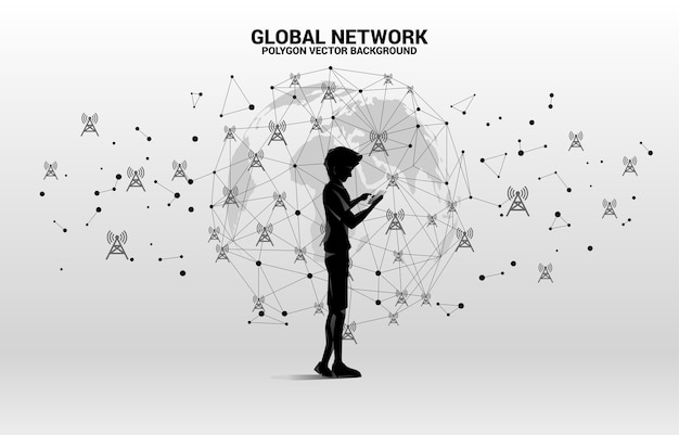 Vektor silhouette des menschen verwenden mobiltelefon mit polygon punkt verbindungslinie mit antennenturm symbol um weltkarte globus. konzept für die daten-sim-kartentechnologie für mobiltelefone.