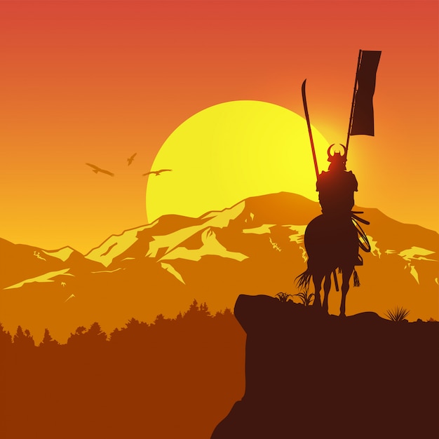 Silhouette des samurai-reitpferdes im feld,