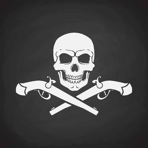 Silhouette des schädels jolly roger mit gekreuzten pistolen auf tafelhintergrund vektor-illustration