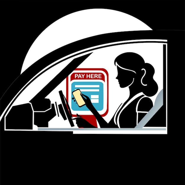 Vektor silhouette einer frau, die mit einem smartphone bei einer drive-thru-illustration bezahlt