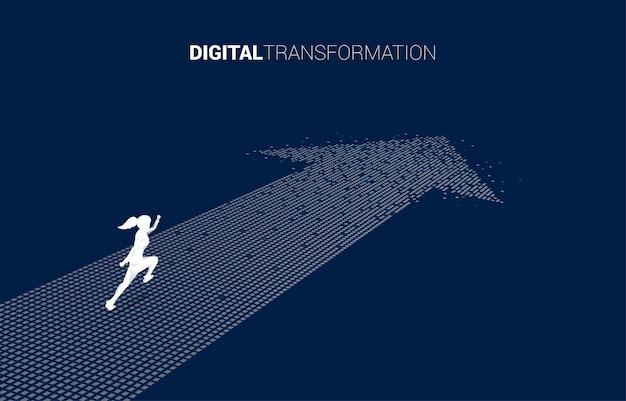 Silhouette einer geschäftsfrau, die auf dem pfeil aus dem pixelkonzept der digitalen transformation des geschäfts läuft