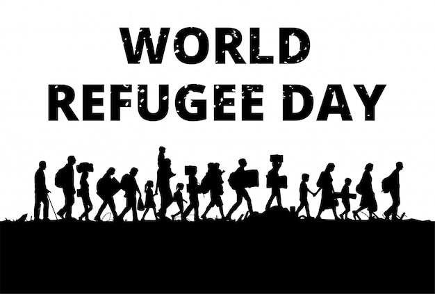 Vektor silhouette einer gruppe von flüchtlingen, die durch ein feld gehen