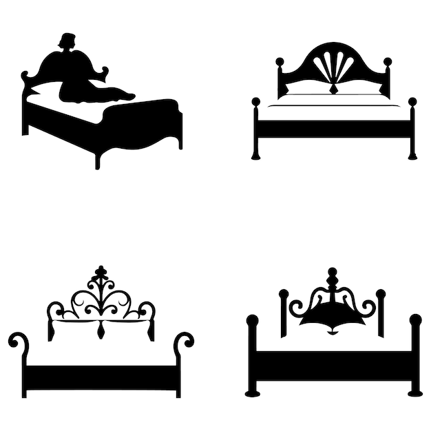 Vektor silhouette einer person, die auf einem bett sitzt. silhouette-bett-vektor-illustrationssammlung