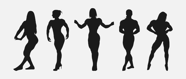 Silhouette einer weiblichen Bodybuilderin in verschiedenen Posen, Aktion isoliert auf weißem Hintergrund, Vektorkunst