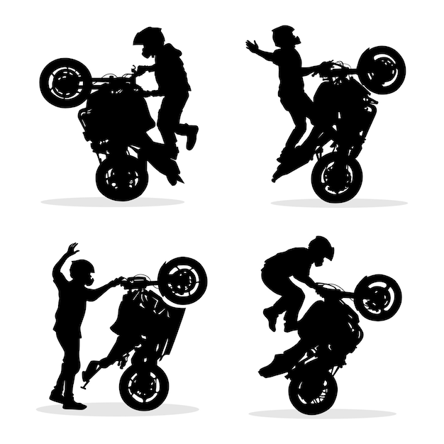Vektor silhouette eines bikers, der gefährliche stunts auf seinem motorrad macht vektor-silhouette-set