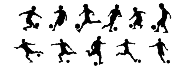 Silhouette eines Fußballspielers, ein Junge tritt den Ball, Kinder spielen Fußball, Vektorillustration