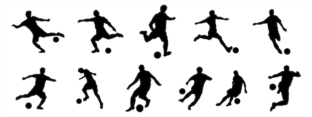 Silhouette eines Fußballspielers, ein Junge tritt den Ball, Kinder spielen Fußball, Vektorillustration