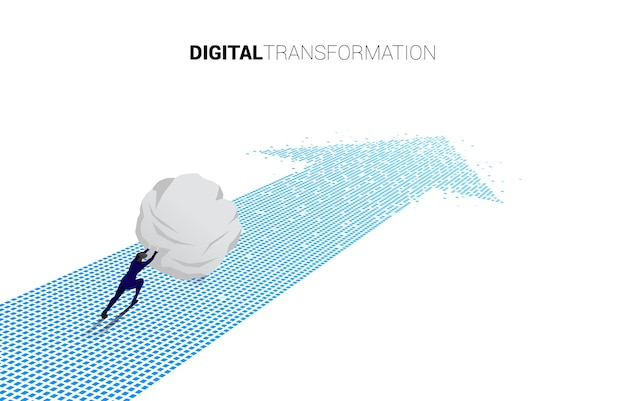 Silhouette eines Geschäftsmannes, der den großen Stein auf den Pfeil aus dem Pixelkonzept der digitalen Transformation des Geschäfts drückt
