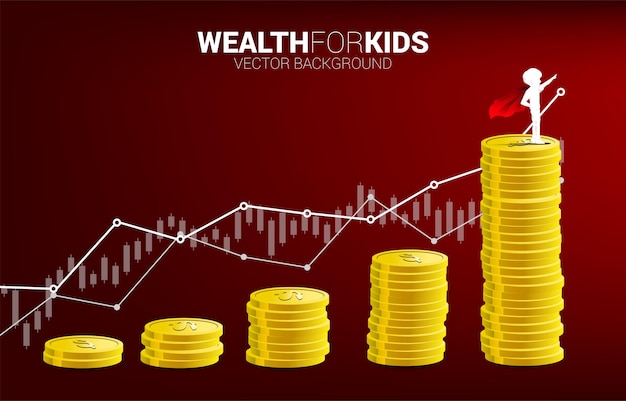 Silhouette eines Jungen im Superheldenanzug, der auf dem Wachstumsdiagramm mit Münzstapel steht. Konzept des Bildungsbeginns und der Zukunft der Kinder.