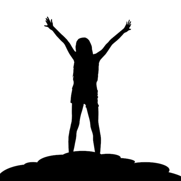 Silhouette eines Mädchens auf einem Berg mit vor Freude erhobenen Händen. Freiheit-Vektor-Illustration