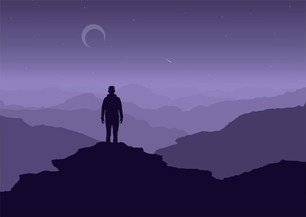 Vektor silhouette eines mannes auf der bergklippe bei nacht, vektorillustration.