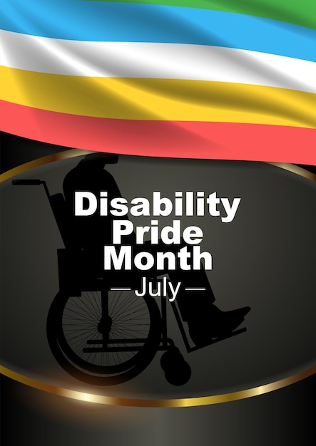 Silhouette eines Mannes im Rollstuhl mit der Flagge des Disability Pride Month als Dekoration