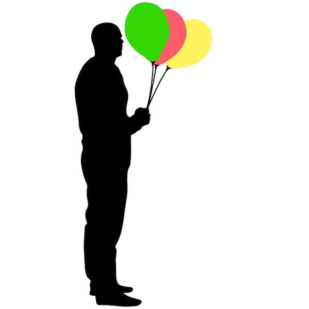 Vektor silhouette eines mannes mit luftballons in der hand auf weißem hintergrund