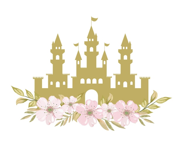 Vektor silhouette eines prinzessinnenschlosses mit blumen goldenes schloss mit floralem vignette-rahmen mit blumen