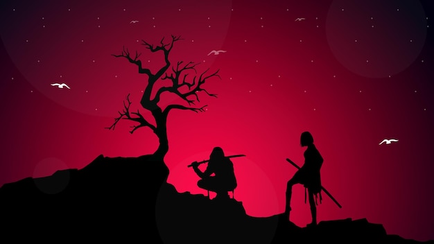 Vektor silhouette eines samurai-paares im nachtwald. hintergrundbilder der städtischen samurai für den desktop.