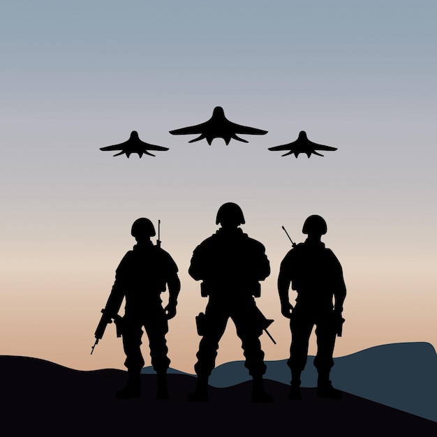 Silhouette eines Soldaten mit Luftfahrt beim Sonnenuntergang