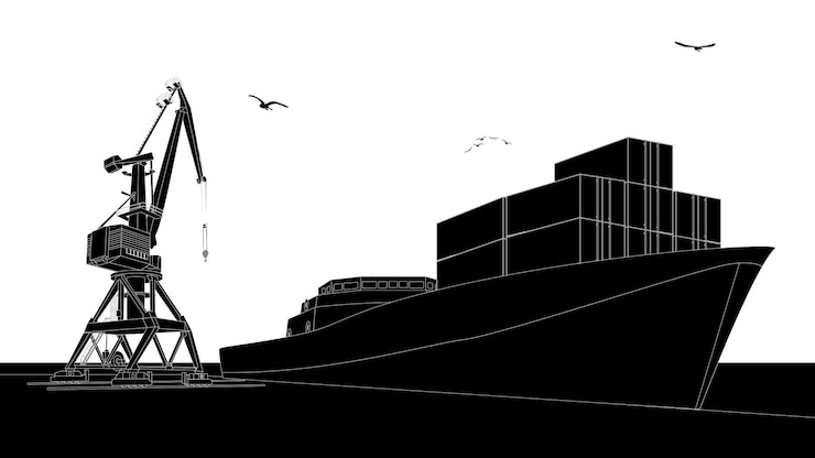 Silhouette Frachtkran und Containerschiff im Hafen