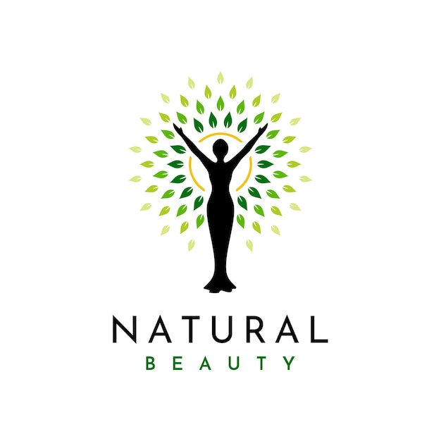 Silhouette frau sonne und blätter für das erwachen empowering wellness woman with nature logo