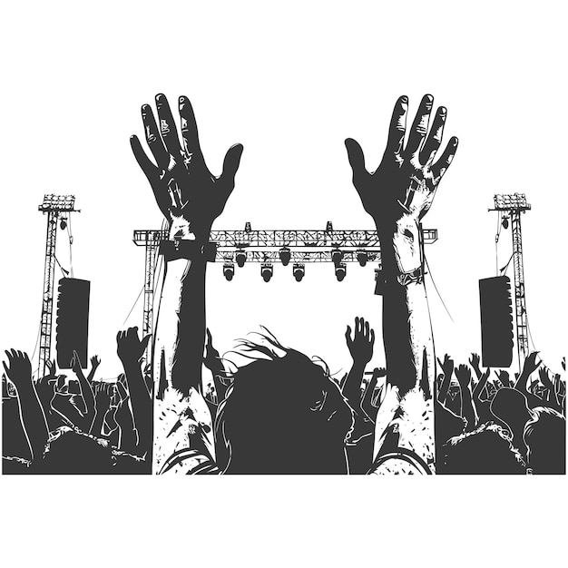 Vektor silhouette hände erhoben auf einem musikfestival nur schwarze farbe