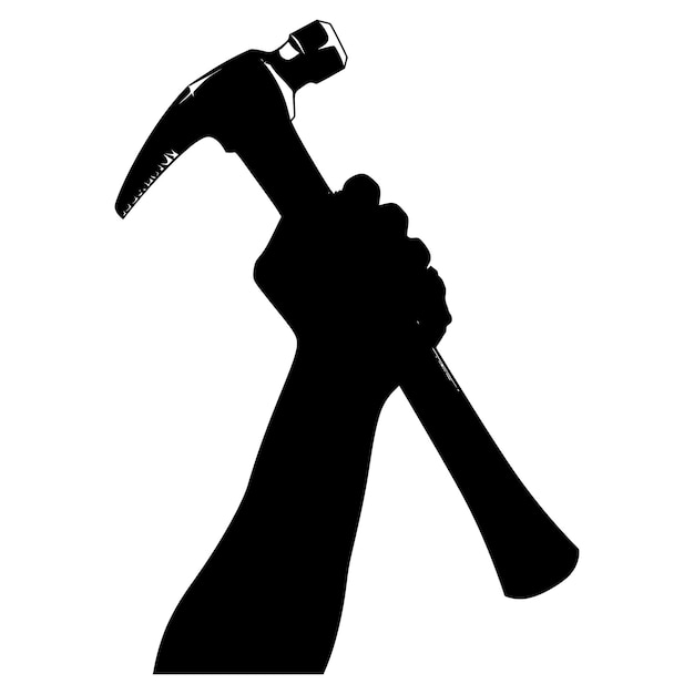 Silhouette Hand hält Hammer für den Bau oder Arbeitstag Feier Logo Symbol