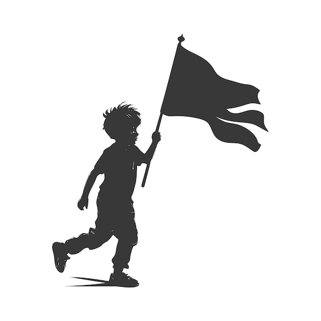 Silhouette kleiner junge lief, während er eine schwarze flagge trug