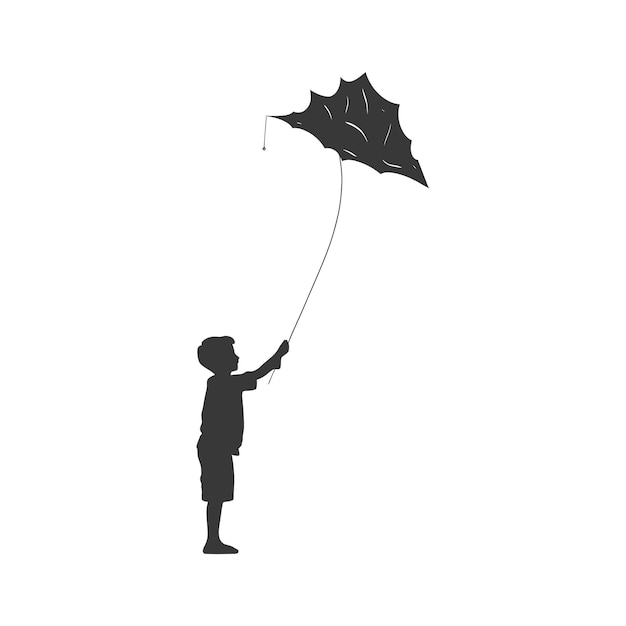 Silhouette kleiner junge spielt kite nur schwarze farbe