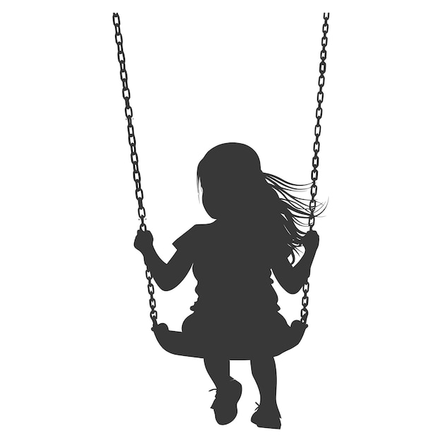 Silhouette kleines mädchen spielt swing auf dem spielplatz nur schwarze farbe