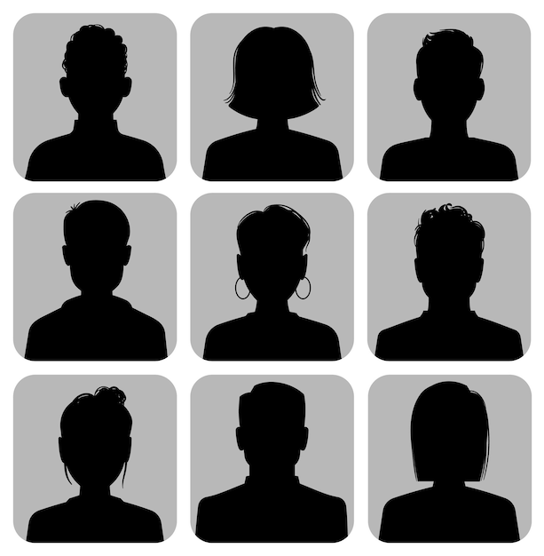 Silhouette-köpfe. männliche und weibliche kopfsilhouetten internet-avatar, profilkreissymbole, anonymes porträt der frau und des mannes in den sozialen medien, flache vektorisolierte sammlung