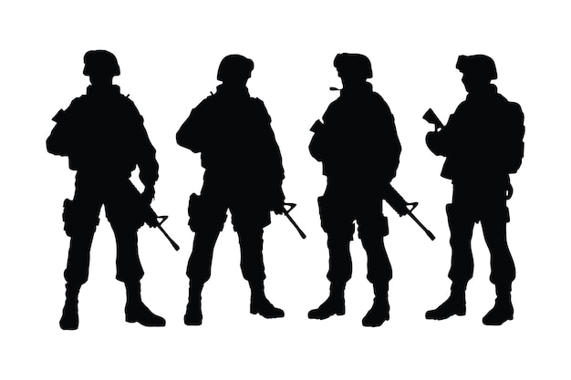 Vektor silhouette männlicher armeen auf weißem hintergrund sammlung von silhouetten von spezialeinheiten der armee spezialeinheiten in uniformen und mit sturmgewehren silhouettenbündel männer infanterie mit anonymen gesichtern