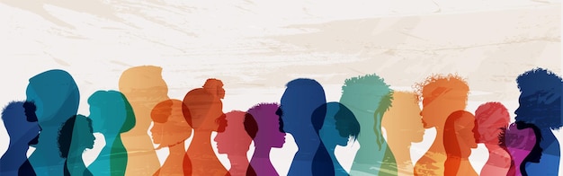 Vektor silhouette profil gesicht gruppe von männern und frauen unterschiedlicher kultur vielfalt der menschen rassengleichheit