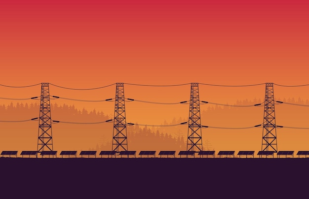 Silhouette Solarpanelfarm mit Hochspannungs-Strommast auf orangefarbenem Gradientenhintergrund