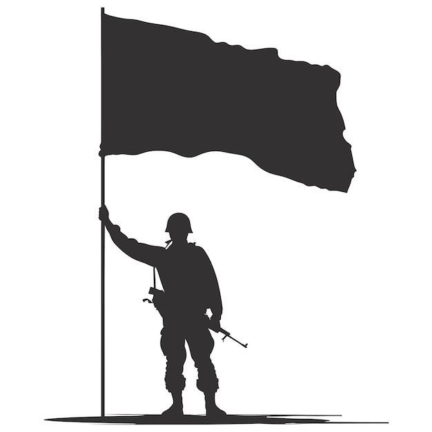 Silhouette Soldaten oder Armee posieren vor der leeren Flagge nur schwarz