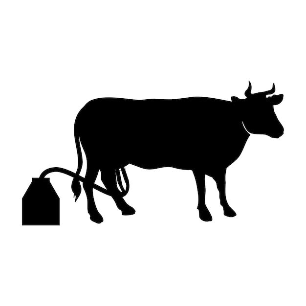 Silhouette-symbol kuh und melkmaschine einfaches symbol für landwirtschaftliche milchprodukte und melkmaschinen