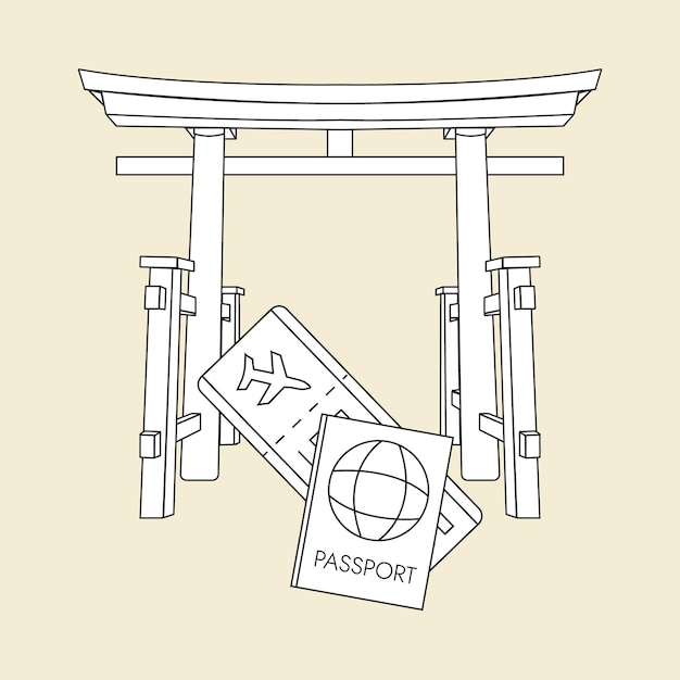 Vektor silhouette torii gate reisepass flugzeugticket skizze linie religiöses wahrzeichen reise nach japan flug