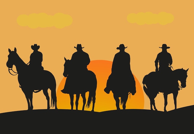 Silhouette von Cowboy-Paaren, die bei Sonnenuntergang reiten. Sonnenuntergang im Wilden Westen