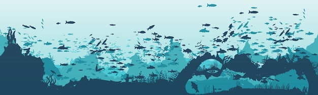 Vektor silhouette von fischen und algen auf dem hintergrund von riffen unterwasser-ozean-szene tiefblaues wasser korallenriff und unterwasserpflanzen eine schöne unterwasserszene ein vektor-meereslandschaft mit riff