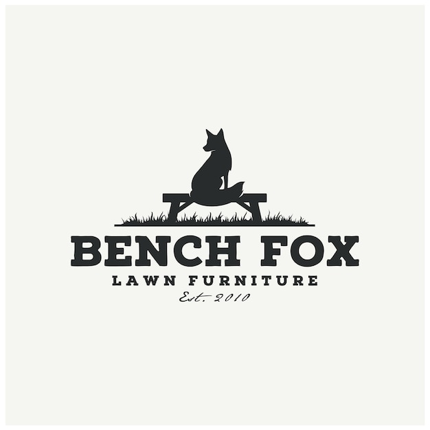 Silhouette von fox dog wolf coyote, der auf der holzbank für lawn furniture landscape logo sitzt