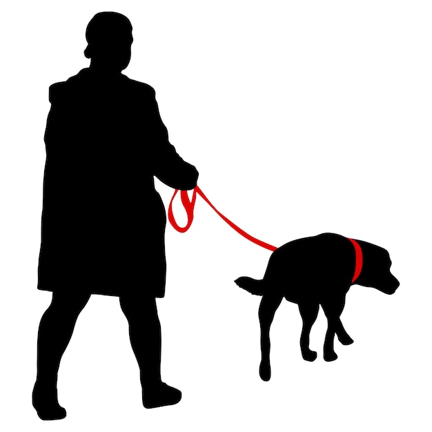 Vektor silhouette von frau und hund auf weißem hintergrund