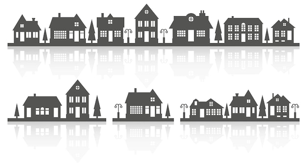 Vektor silhouette von häusern auf der skyline vorstadtviertel landschaft landhaushäuser auf dem land